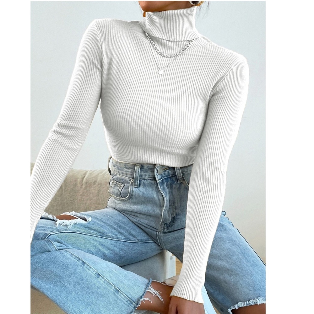 White Rib Knit Turtleneck Sweater Top Long Sleeve